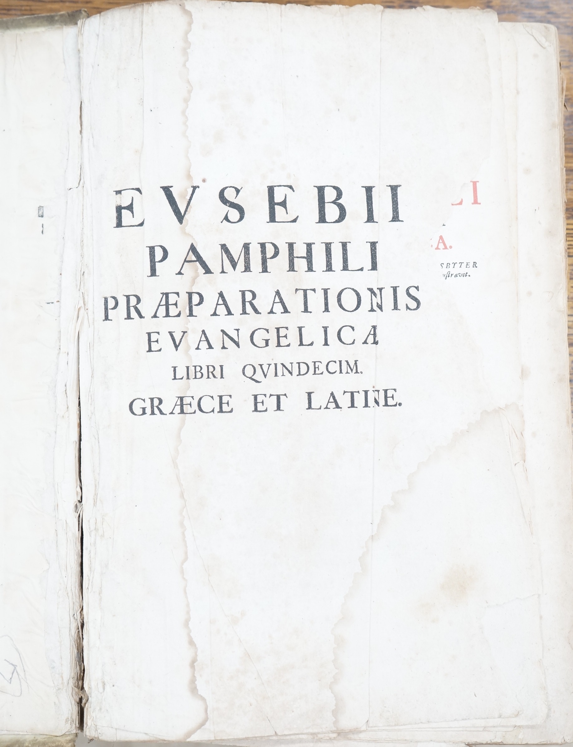 Eusebius - (Greek title) Pamphili Caesareae Palaestinae Episcopi Praeparatio Evangelica. editio nova. engraved title device, decorated initial letters; contemp. blind stamped vellum (distressed), folio, Cologne: M.G. Wei